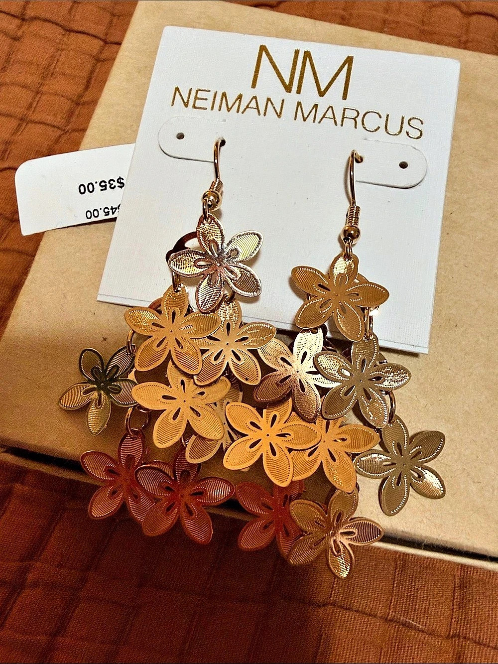 Neiman Marcus Floral Dangle Earrings in Gold NWT
